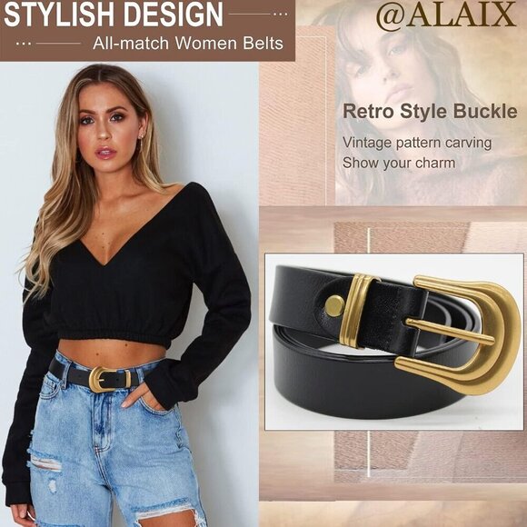 Women's Leather Belt with Silver Gold Buckle for Pants Jeans 37-40in - Picture 2 of 7